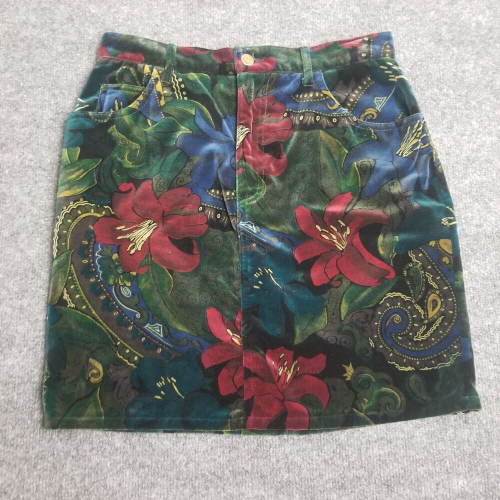 Vintage Guess by Georges Marciano Colorful Floral Velvet Skirt 80s 90s VTG
